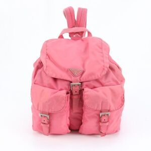 Prada Tessuto Nylon Triangle Logo Leather Rucksack Sac Backpack Bag Pink